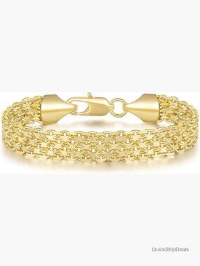 14K Gold Plated Wide Mesh Chain Bracelet with Lobster Clasp